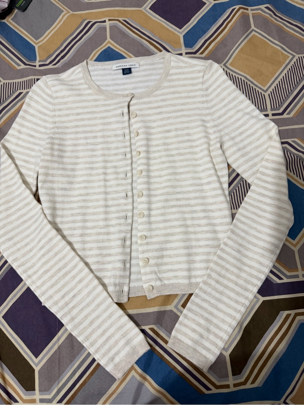 American Eagle Outfitters Cream & Beige Striped Button-Front Cardigan